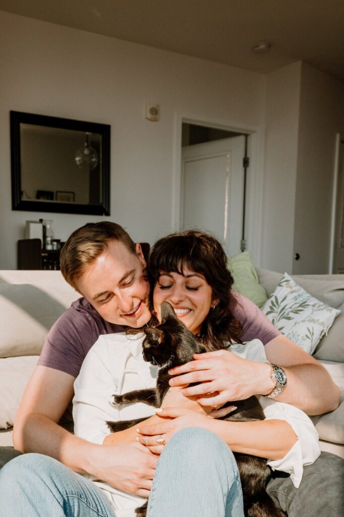 cozy at home engagement session with cats, at home engagement photos, engagement photographer, Massachusetts engagement photographer, engagement photos with pets 