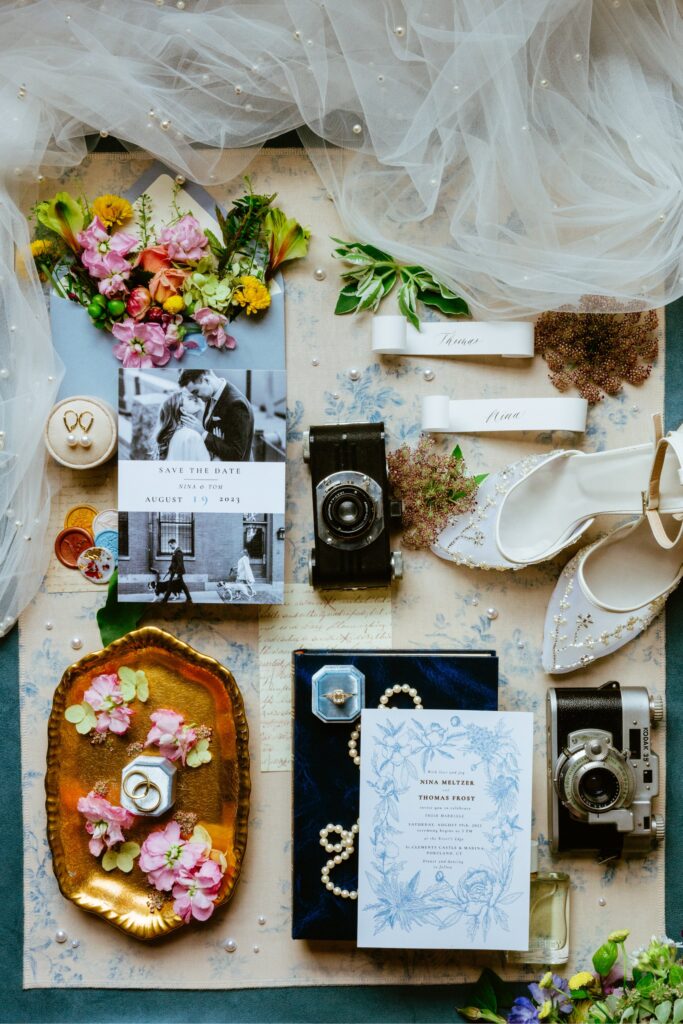 wedding flat lays, wedding details, colorful wedding details, bridesmaid dresses, unique seating charts, wedding florals, film wedding photography