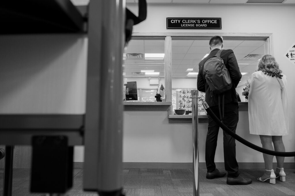 Couple elopes at Quincy City Hall in Black and White