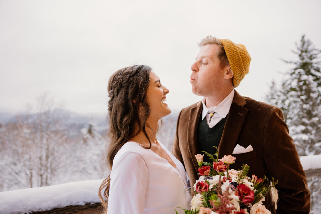 Candid wedding couples portraits at Vermont winter elopement
