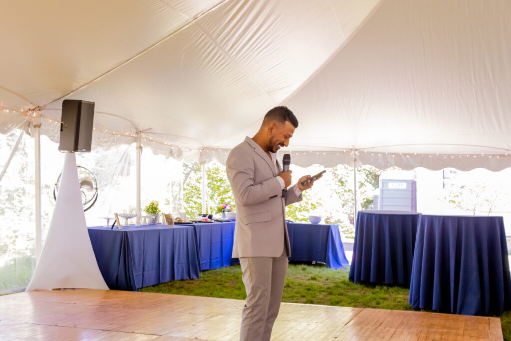 The bride’s best man makes his wedding speech at a wedding at the Loring-Greenough House