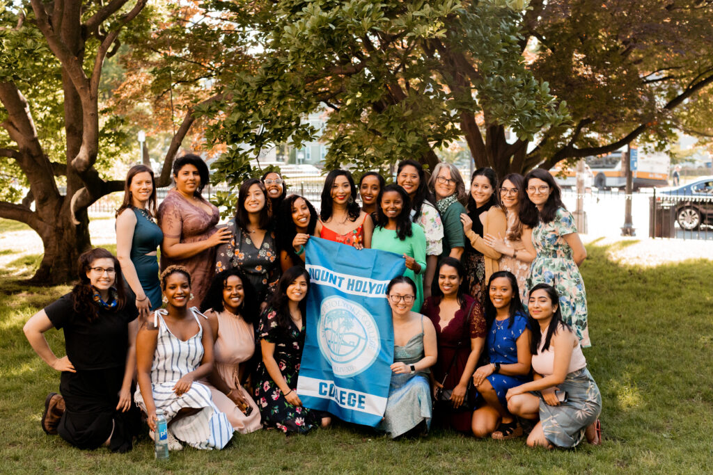 College group photo with the bride and groom at a wedding at the Loring-Greenough House