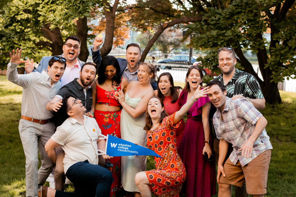 College group photo with the bride and groom at a wedding at the Loring-Greenough House