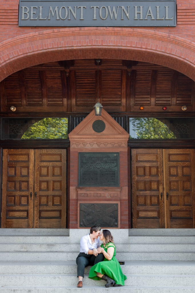 LGBTQIA+ couple elopes. Formal Wedding Portraits on the Steps of Belmont Town Hall