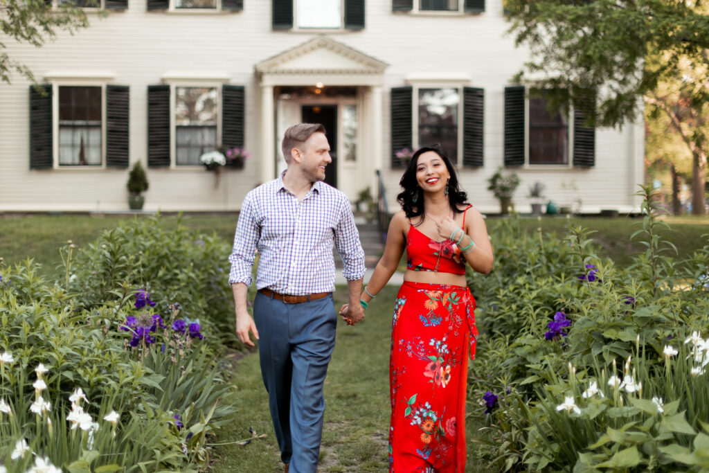 Bride and groom portraits at the Loring-Greenough House at golden hour  Diverse couple