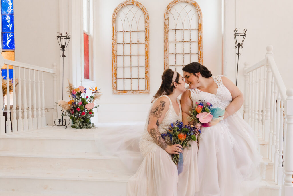 LGBTQIA+ Wedding, Two Brides in love, Colorful bouquet, Chapel Elopement, Chapel Micro wedding, LGBTQ Wedding, Lesbian Wedding, Two Brides, Chapel Elopement in Gray Maine, Coolidge Chapel