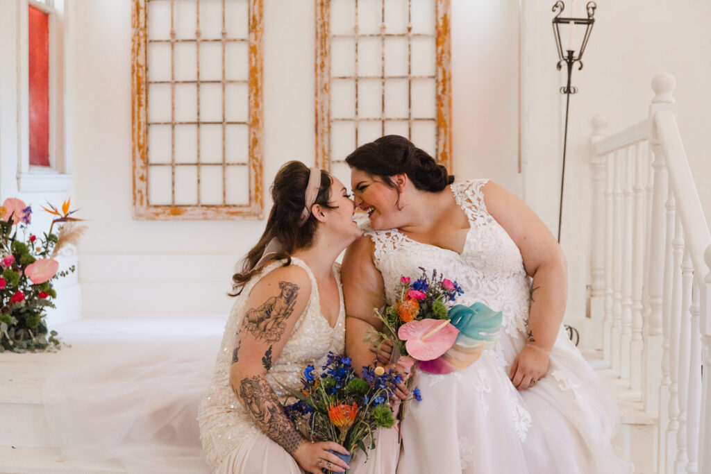 LGBTQIA+ Wedding, Two Brides in love, Colorful bouquet, Chapel Elopement, Chapel Micro wedding, LGBTQ Wedding, Lesbian Wedding, Two Brides, Chapel Elopement in Gray Maine, Coolidge Chapel