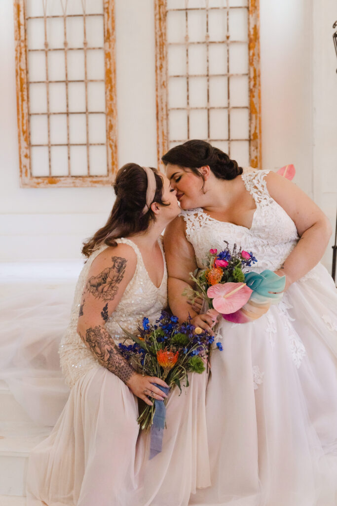 LGBTQIA+ Wedding, Two Brides in love, Colorful bouquet, Chapel Elopement, Chapel Micro wedding, LGBTQ Wedding, Lesbian Wedding, Two Brides, Chapel Elopement in Gray Maine, Coolidge Chapel