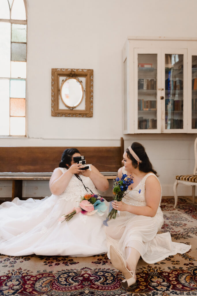 LGBTQIA+ Wedding, Two Brides in love, Colorful bouquet, Chapel Elopement, Chapel Micro wedding, LGBTQ Wedding, Lesbian Wedding, Two Brides, Chapel Elopement in Gray Maine, Coolidge Chapel