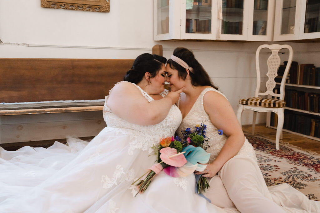 GBTQIA+ Wedding, Two Brides in love, Colorful bouquet, Chapel Elopement, Chapel Micro wedding, LGBTQ Wedding, Lesbian Wedding, Two Brides, Chapel Elopement in Gray Maine, Coolidge Chapel