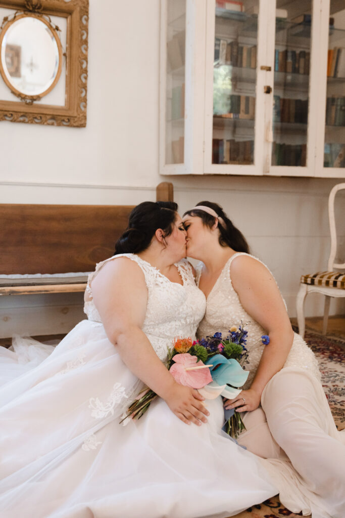 GBTQIA+ Wedding, Two Brides in love, Colorful bouquet, Chapel Elopement, Chapel Micro wedding, LGBTQ Wedding, Lesbian Wedding, Two Brides, Chapel Elopement in Gray Maine, Coolidge Chapel