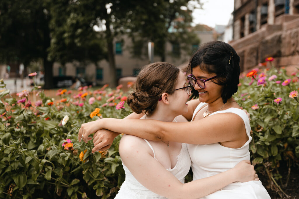 lesbian couple gets married in the late spring at Cambridge City Hall wedding