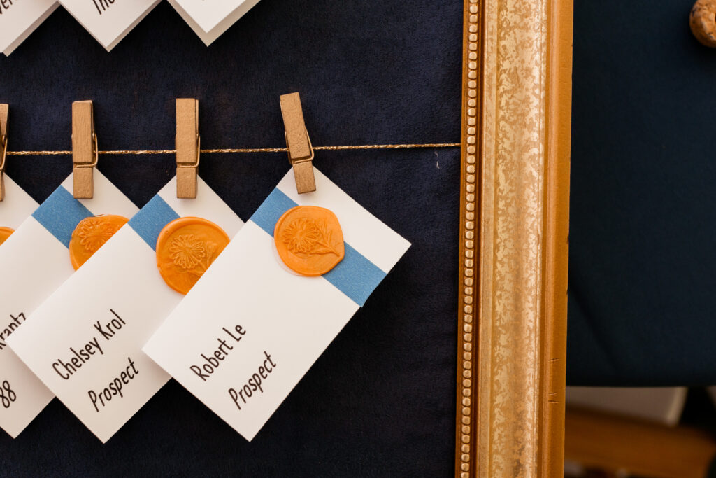 Detail photo of the handmade name cards for the seating arrangements at the Loring-Greenough House