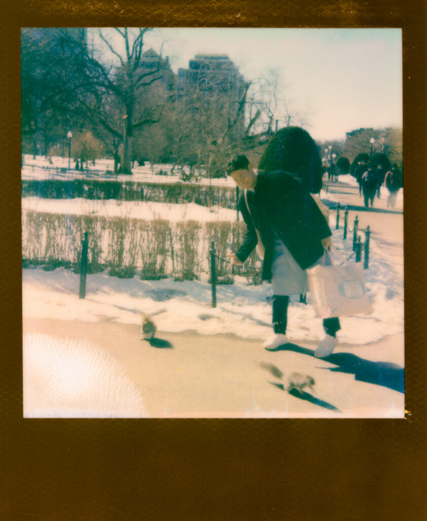Couple laughing near frozen pond in Boston Public Garden during winter elopement on polaroid film.