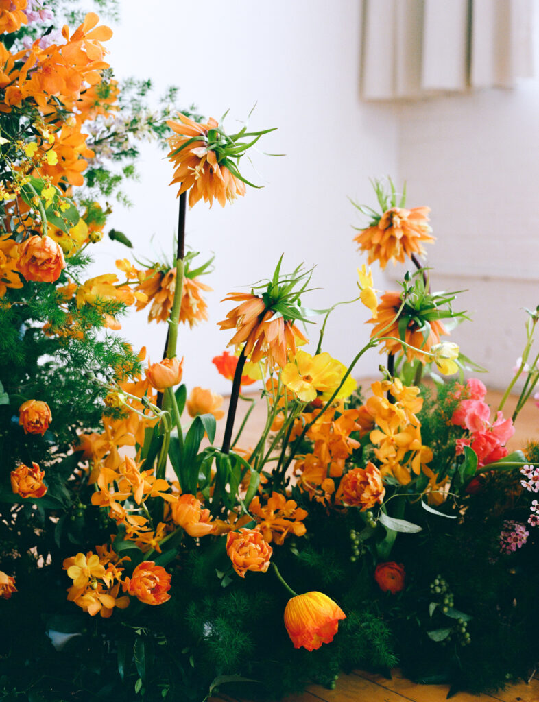 Vibrant spring floral ground installation featuring orange tulips, yellow poppies, and exotic crown imperials, styled against a bright white wall and captured on medium format film.