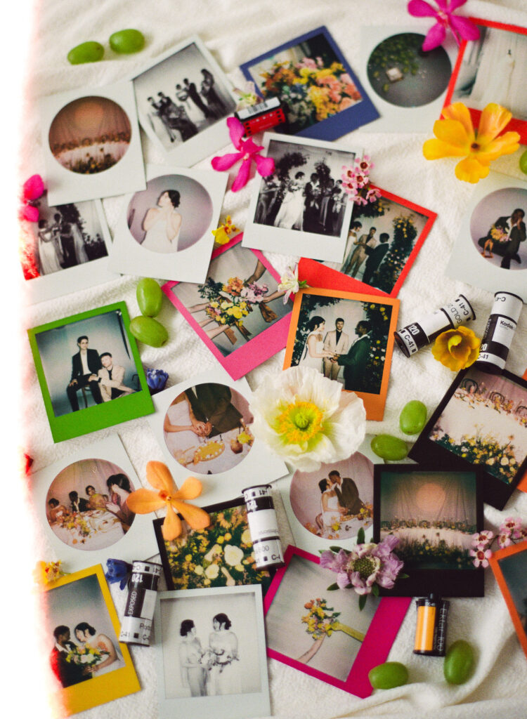 Polaroid flatlay featuring spring wedding inspiration, 35mm film rolls, fresh florals, and vibrant color. Captured by film wedding photographer in Boston with a playful, nostalgic vibe. Perfect for couples who love intentional details and vintage formats.