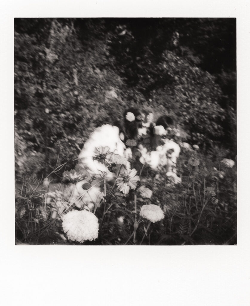 Abstract black and white polaroid of couple roaming through a flower field.