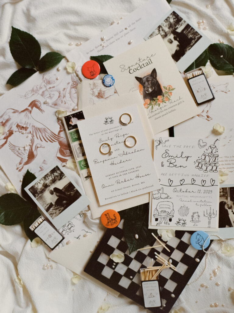 a wedding invitation cards and pictures on a bed for wedding detail photos on film