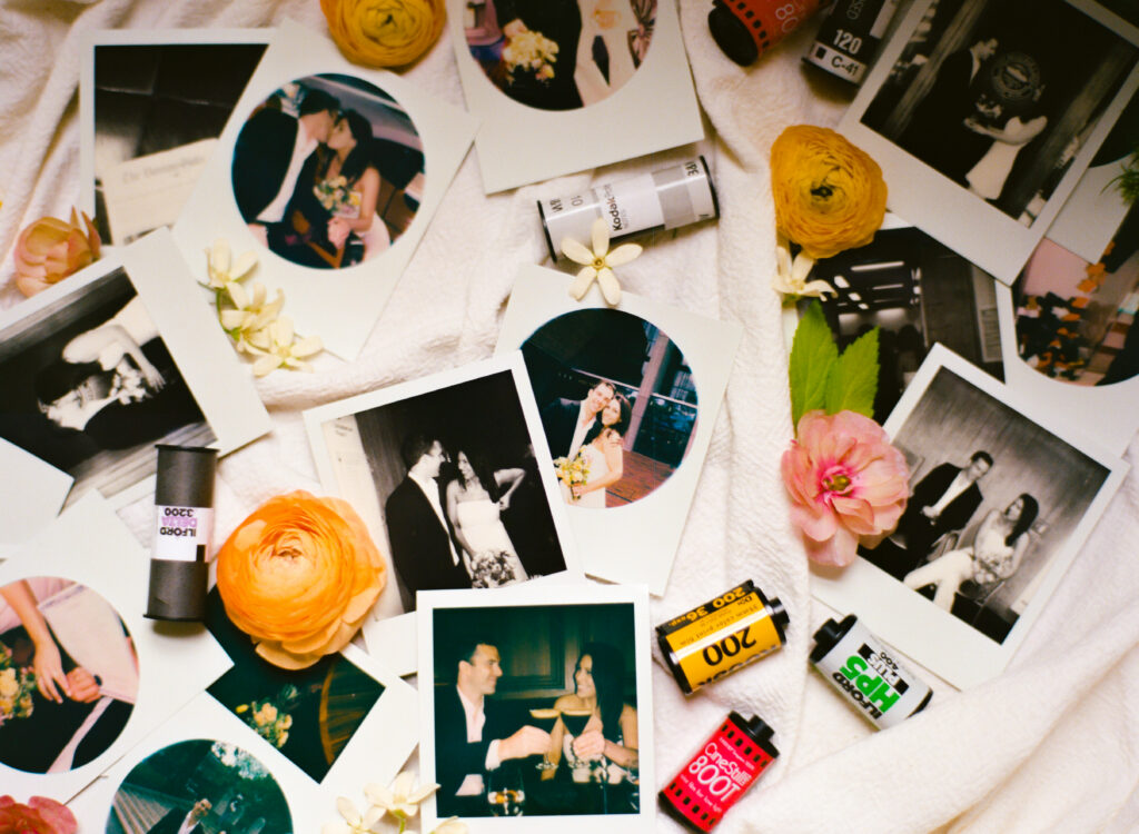 polaroid photos, film rolls, and flowers in a collage 